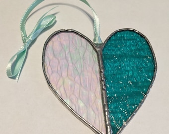 Iridescent Stained Glass Heart Suncatcher: Clear & Sea Green, Personalized Charm