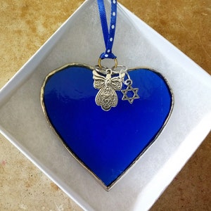 Angel and Star of David on Blue Heart Stained Glass Suncatcher, Custom Color Charm Box