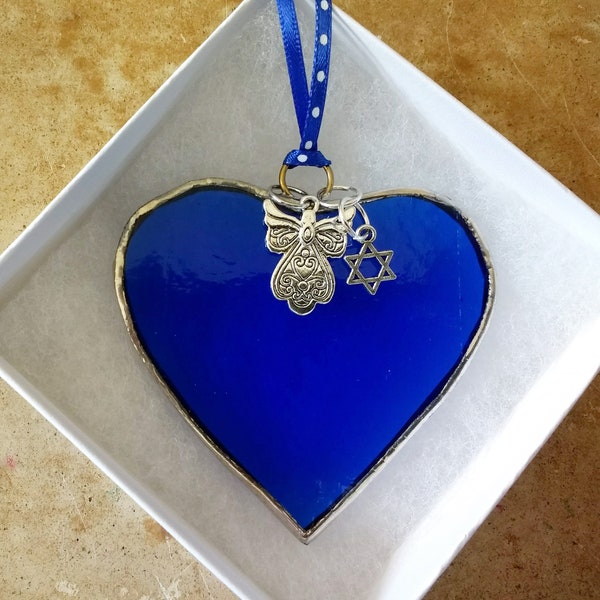 Angel and Star of David on Blue Heart Stained Glass Suncatcher, Custom Color Charm Box