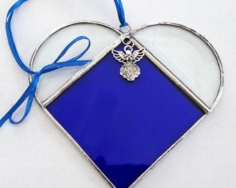Sympathy Heart, Angel, 5" Blue Stained Glass Heart Suncatcher, Condolence Gift, Loss of Loved One