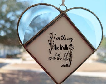 Stained Glass Heart Suncatcher John 14:6  Religious Gift Bible Verse Encouragement Window Hanging  Magnet