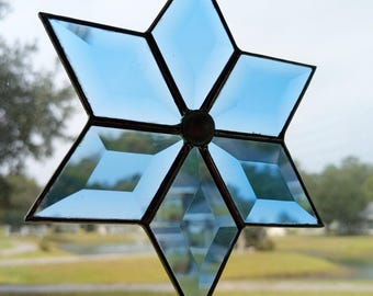Blue Bevel Snowflake Stained Glass Star Suncatcher for Home Decor  6.25"
