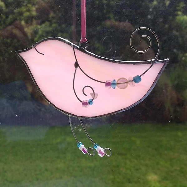 Stained Glass Pink Bird Suncatcher with Beads, Bird Lovers Gift, Window Hanging Decor