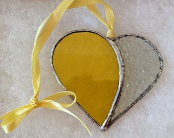 Yellow Stained Glass Heart, Two Color Suncatcher ~ Yellow and Clear ~ Choose A Free Charm ~ 3.5 Inches