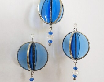3 Stained Glass Blue Twirling Suncatchers, 4 Sided Blue or Clear Bevel Sun Catcher, Blue Glass Suncatcher with Crystals, Holiday Gift