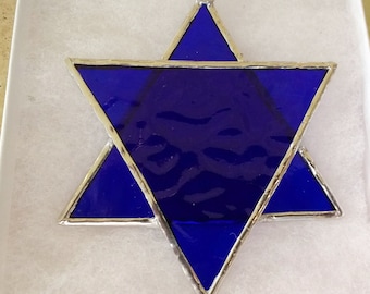 Acchiappasole a forma di stella di David in vetro colorato blu: ornamento ebraico, fatto a mano