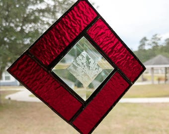 Geometric Stained Glass Suncatcher: Red Textured Window Panel with Bevel