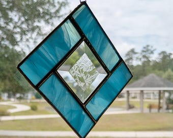 Blue Geometric Stained Glass Suncatcher:  Window Decor