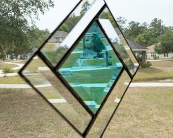 Geometric Stained Glass Suncatcher: Blue Bevel Center, Clear Border - 7" Handmade