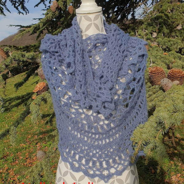 Shawl capeline warms shoulders crocheted hand in half circle alpaca silk blue jeans