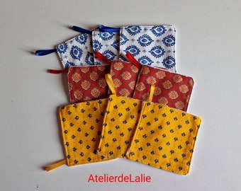Lingettes démaquillantes réutilisables avec pochette assortie, faites main en tissu provençal bleu, jaune ou rouge