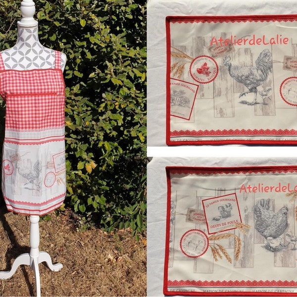 Tablier et/ou 2 sets de table faits main en toile enduite vichy rouge "motif poule et coq"