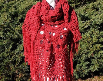 Handmade shawl in red-burgundy openwork crochet
