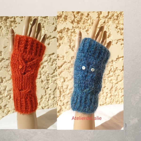 Mitaines, gants sans doigts motif "hibou", fait main en mohair et laine