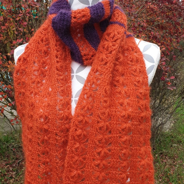 Echarpe, chauffe épaules, cache-col en mohair, alpaga et soie de couleur violet et orange