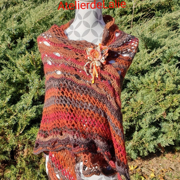 Shawl, shoulder warmer, hand crocheted wool chèche, polyamide, brown gradient, rust