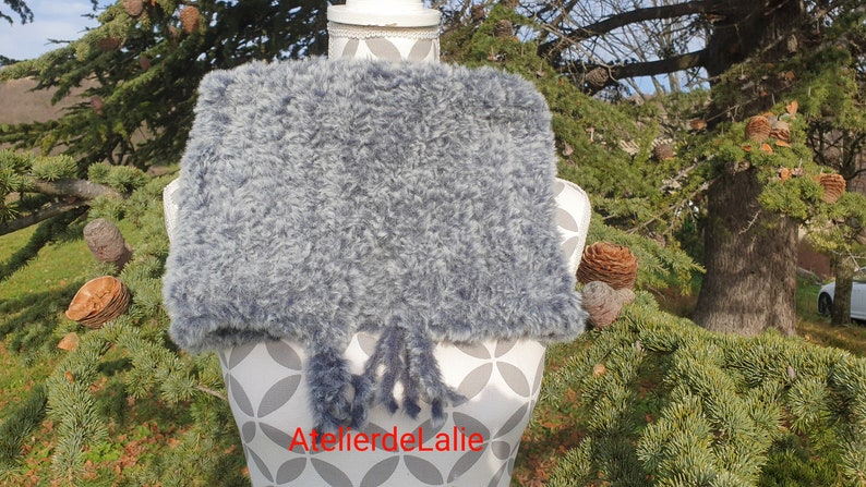 Mitaines Faites Main En Laine Et Fausse Fourrure - Couleur Gris Bleu, Lavage Main, Fabriqué En France