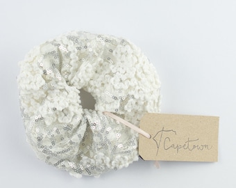 Bridal Oversized Scrunchie, White Scrunchy, Scrunchies with Lace, Wedding Hair Collection, Silver Sequins Accessories, Bride to be