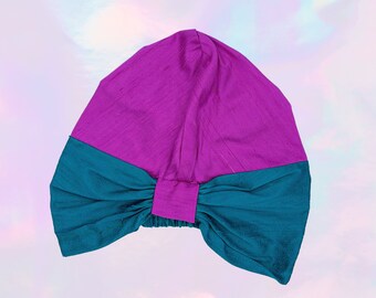 Colour Duet Turban, Purple and Petrol Combination, Taffeta Turban for women customisable and shapable, Chemo Headwear, Handmade
