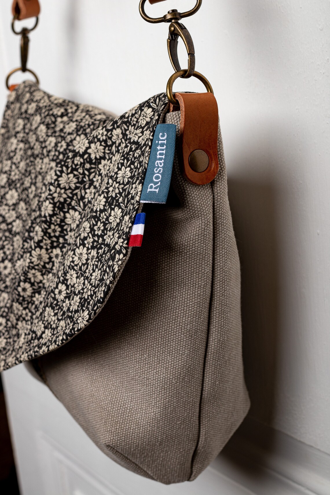 Sac besace cuir et toile coton tissu fleuri noir pour femme Etsy