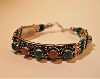 yoga Tribal tibetan silver plated with turquoise and coral  bracelet.