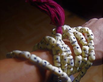 TIBETAN yogi bone carved skeleton mala 108 skull beads.