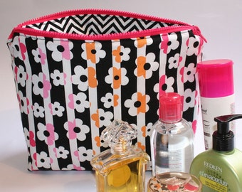 Women's toiletry bag made of fabric with flowers and stripes