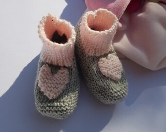 Pink and gray heart Merino wool slippers for baby girls