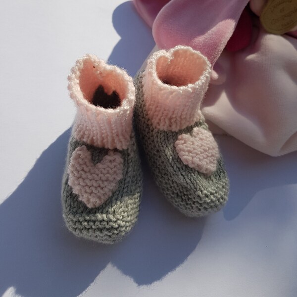 Chaussons en laine Mérinos cœur rose et gris pour bébé Fille