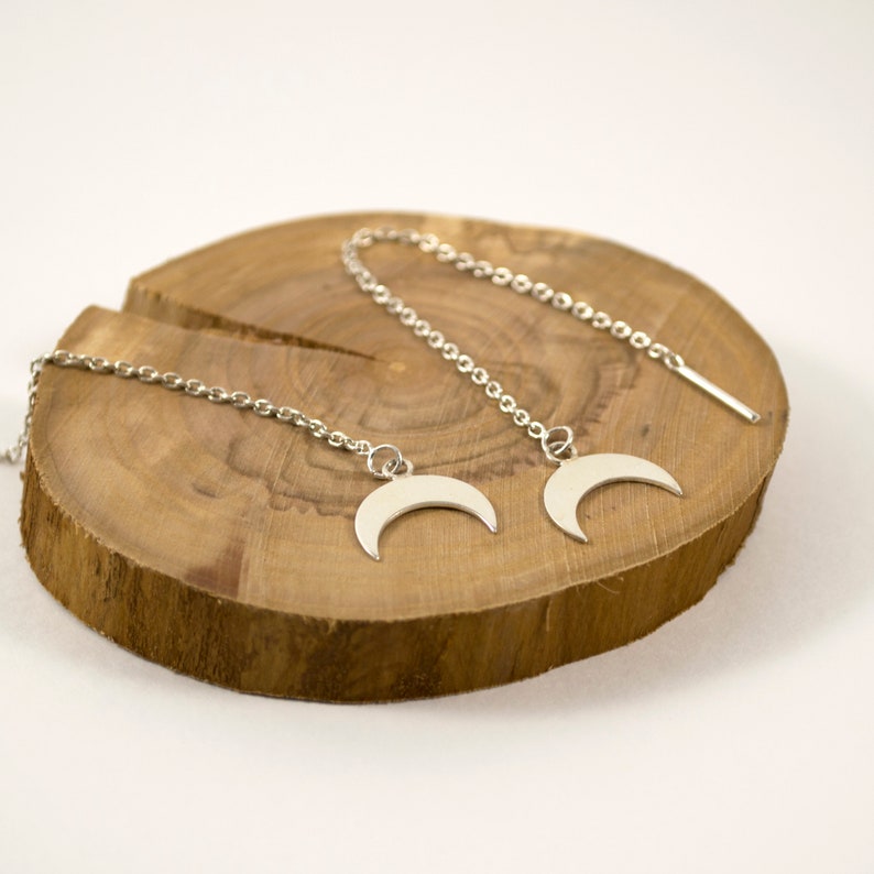 Valentine/'s gift for her Sterling silver crescent moon threader earrings
