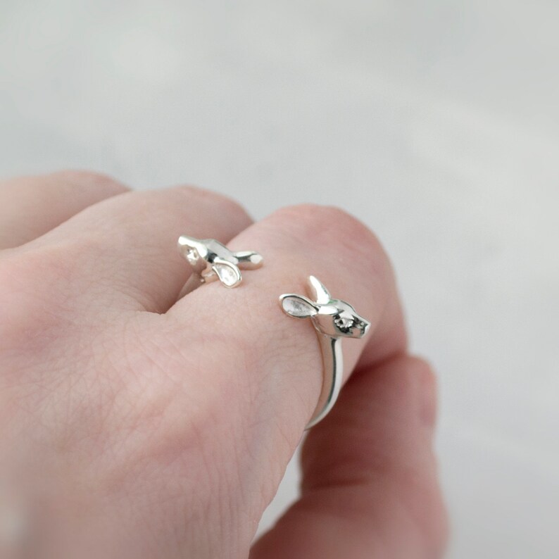 sterling silver cute animal jewelry nature lover gift Silver deer ring adjustable wrap head deer ring
