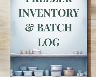 Könnte beinhalten: Ein Druck mit den Worten "FREEZER INVENTORY & BATCH LOG" in dunkelgrüner Schrift. Das Bild zeigt ein blaues Regal mit verschiedenen Behältern, darunter Schalen und Schüsseln mit Deckel, in Weiß-, Blau- und Beigetönen.