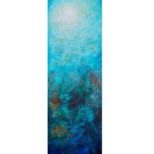 May include: Abstract vertical painting with a textured surface. The artwork features a gradient of blues, from a bright, almost white, upper section to deep navy at the bottom. Hints of rust and brown add contrast.