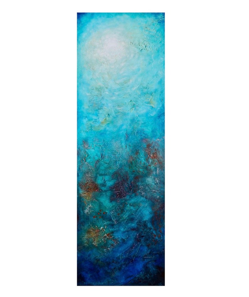 May include: Abstract vertical painting with a textured surface. The artwork features a gradient of blues, from a bright, almost white, upper section to deep navy at the bottom. Hints of rust and brown add contrast.