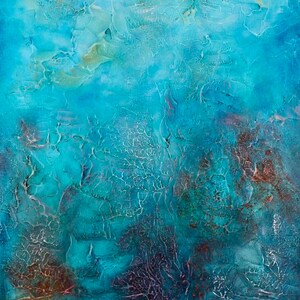 May include: Abstract painting with a textured surface, featuring a gradient of blues and whites. The artwork has a vertical orientation and evokes a sense of depth and the ocean. The painting has a rough, layered texture.