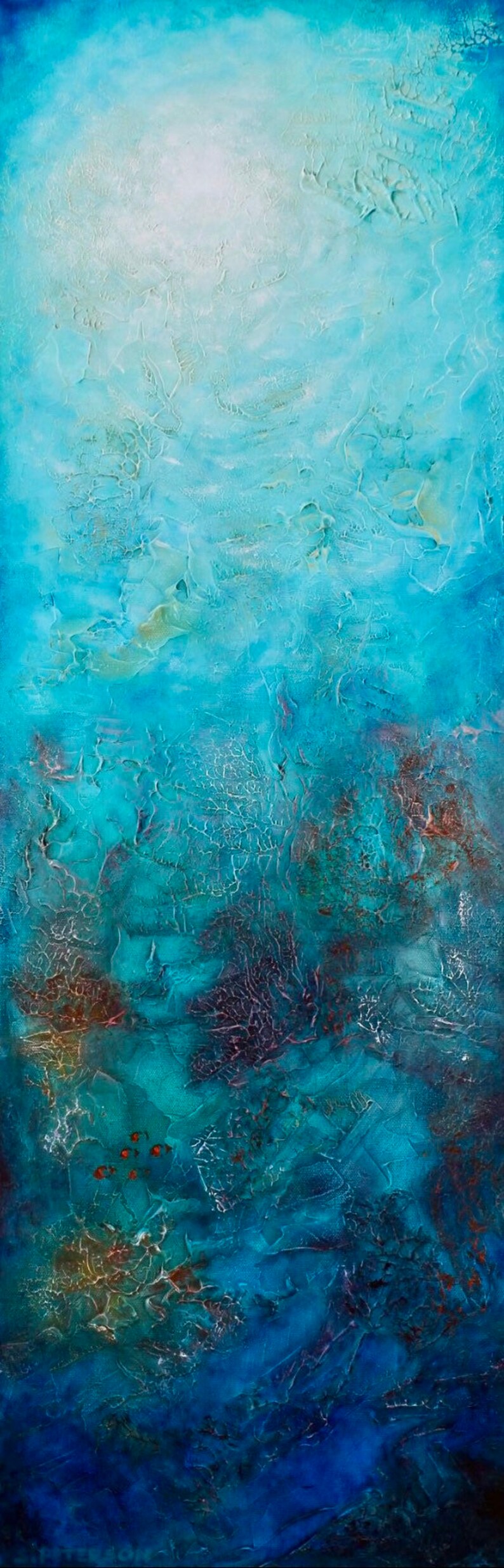 May include: Abstract painting with a textured surface, featuring a gradient of blues and whites. The artwork has a vertical orientation and evokes a sense of depth and the ocean. The painting has a rough, layered texture.
