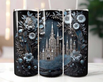 Shimmering Teal Castle 20 oz Skinny Tumbler Sublimation Design Digital Download PNG Instant, Castle Tumbler