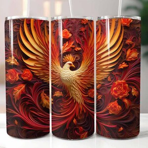 3D Flaming Phoenix 20 oz Skinny Tumbler Sublimatie Design Digitale Download PNG Instant, 3D Phoenix Tumbler