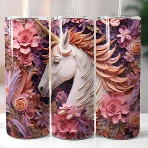 3D-Pfirsich und rosa Einhorn Floral 20 Unzen Skinny Tumbler Sublimation Design Digitaler Download PNG Instant, Einhorn Becher