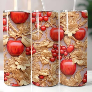 3D Apple Gold Floral 20 oz Skinny Tumbler Sublimação Design Digital Download PNG Instantâneo, Apple Tumbler