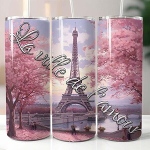 Vaso delgado de 20 oz con diseño de sublimación de la Torre Eiffel, descarga digital PNG, vaso City of Love
