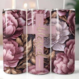 Pink Blessed Peonies 20 oz Skinny Tumbler Sublimation Design Digital Download PNG Instant, 3D Peonies Tumbler