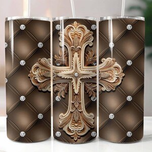 Diamond Tufted 3D Cross 20 oz Skinny Tumbler Sublimation Design Digital Download PNG 3D Cross Tumbler