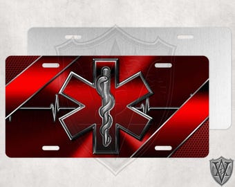 EMT - Custom License Plate - EMS - Star Of Life - Red