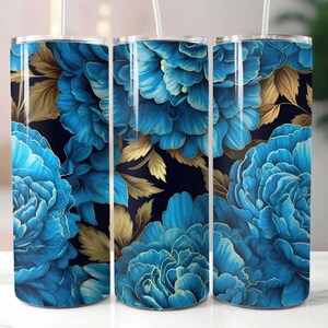 Blue Peonies 20 oz Skinny Tumbler Sublimation Design Digital Download PNG Instant, 3D Peonies Tumbler