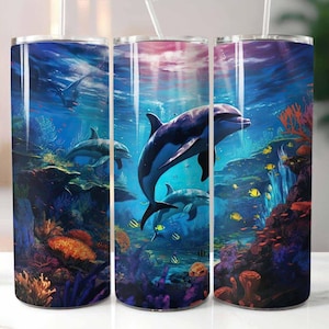 Delfine Unterwasserlandschaft 20 Unzen Skinny Tumbler Sublimation Design Digitaler Download PNG Instant, Becher, Delfine Tumbler