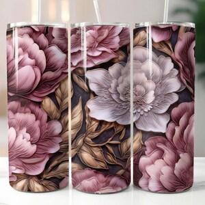 3D Enamel Peonies 20 oz Skinny Tumbler Sublimation Design Digital Download PNG Instant, 3D Peonies Tumbler