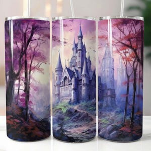 Watercolor Purple Castle 20 oz Skinny Tumbler Sublimation Design Digital Download PNG Instant, Watercolor Purple Castle Wrap