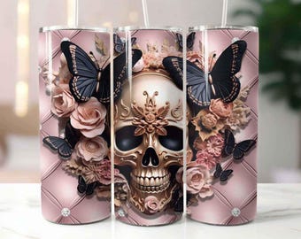 3D Rose Gold Skull 20 oz Skinny Tumbler Sublimation Design Digital Download PNG Instant, 3D Skull Tumbler