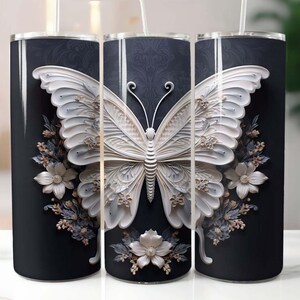 3D Elfenbein Schmetterling 20 Unzen Skinny Tumbler Sublimation Design Digital Download PNG Instant, 3D Schmetterling Tumbler